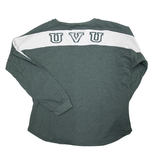 Back side of green long sleeve shirt with a large white stripe from one sleeve across the back and down the other sleeve with a distressed UVU in that stripe